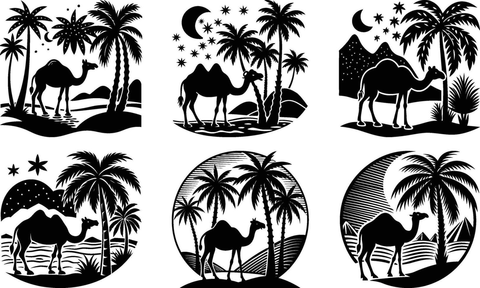 Camels Palm Trees Desert Oasis Night Sky vector