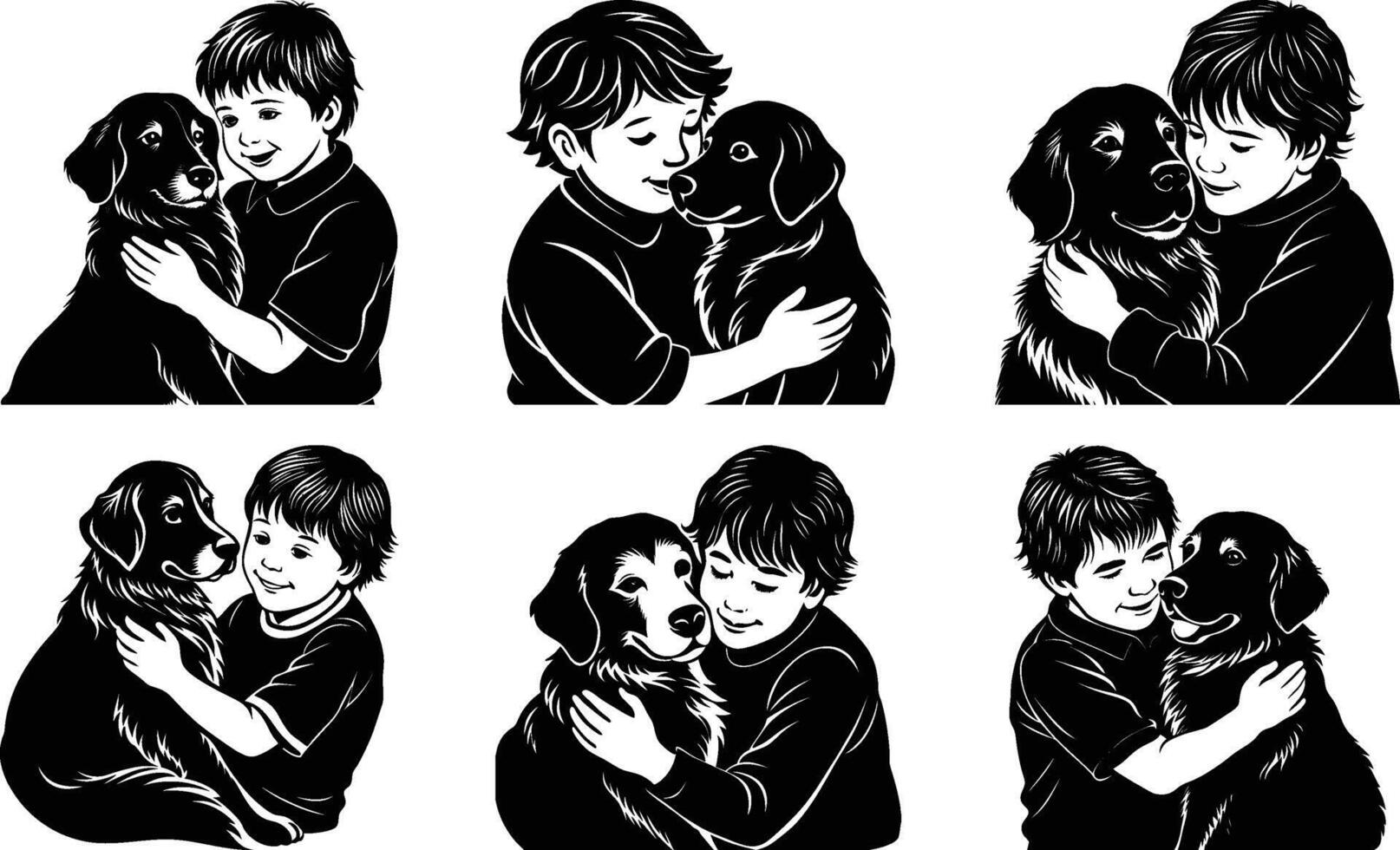 Boys Hugging Their Dogs Black and White Illustrations vector