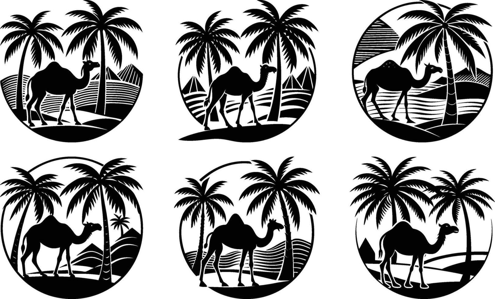 Camels Palm Trees Desert Oasis Black and White Illustrations vector
