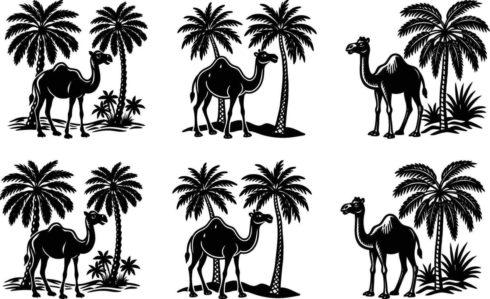 Camels and Palm Trees Desert Oasis Black and White Illustration vector