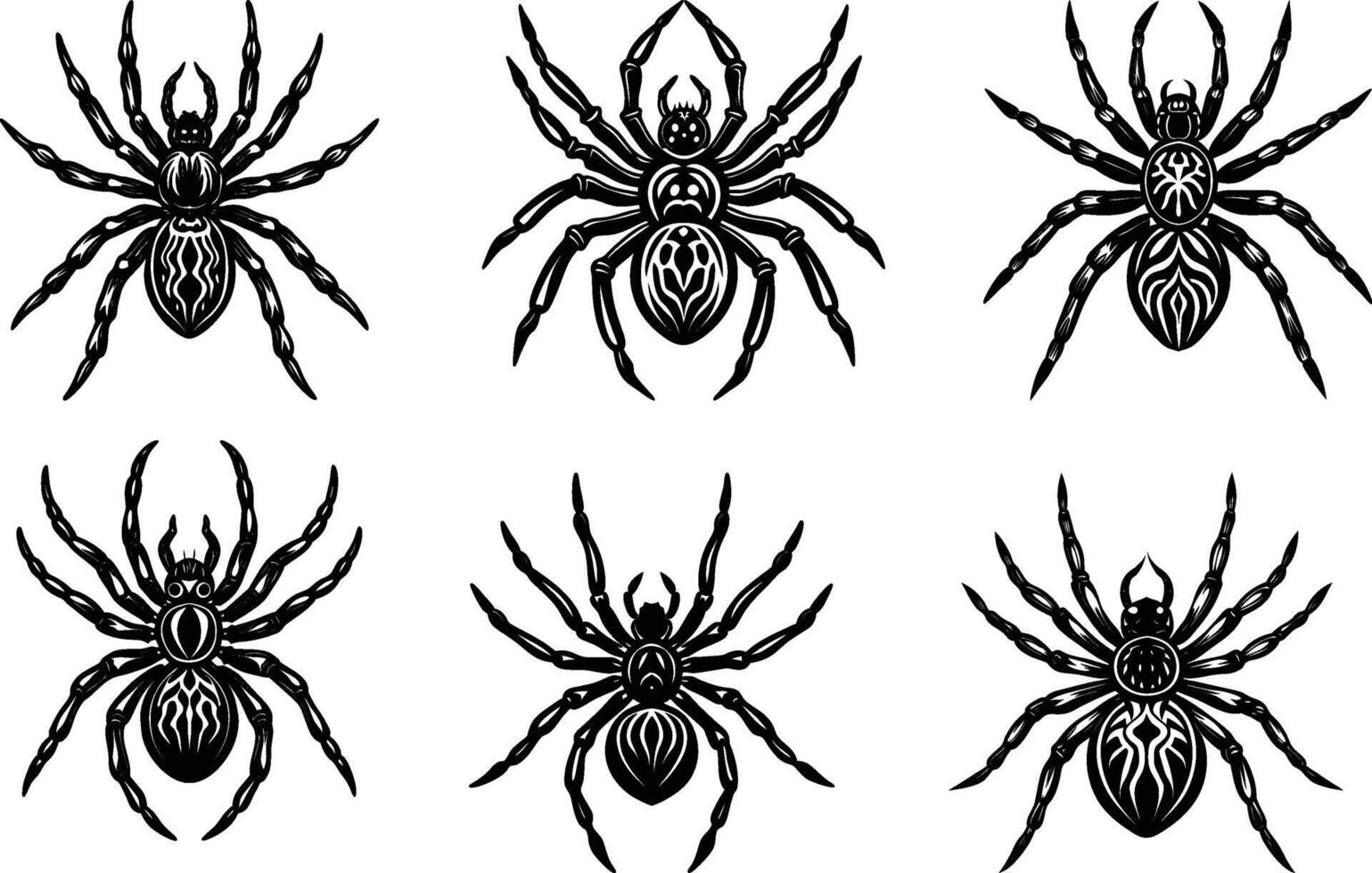 Six stylized black spiders tattoo designs arachnid insect art vector