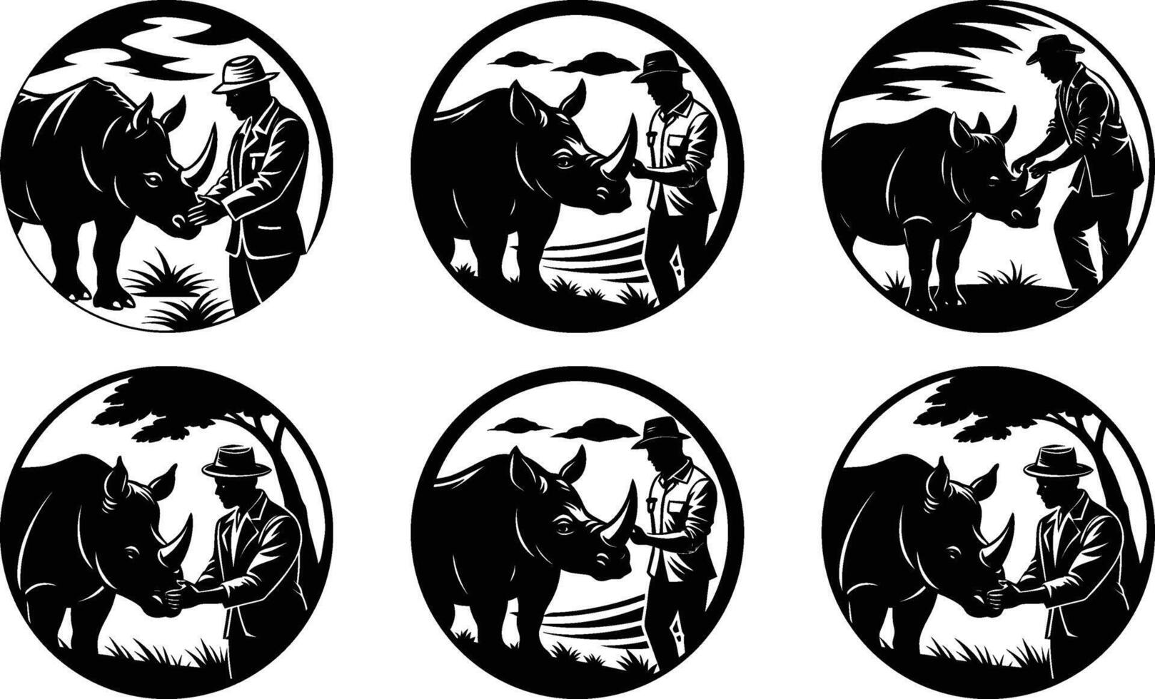 Man and Rhino in Six Black and White Oval Scenes vector