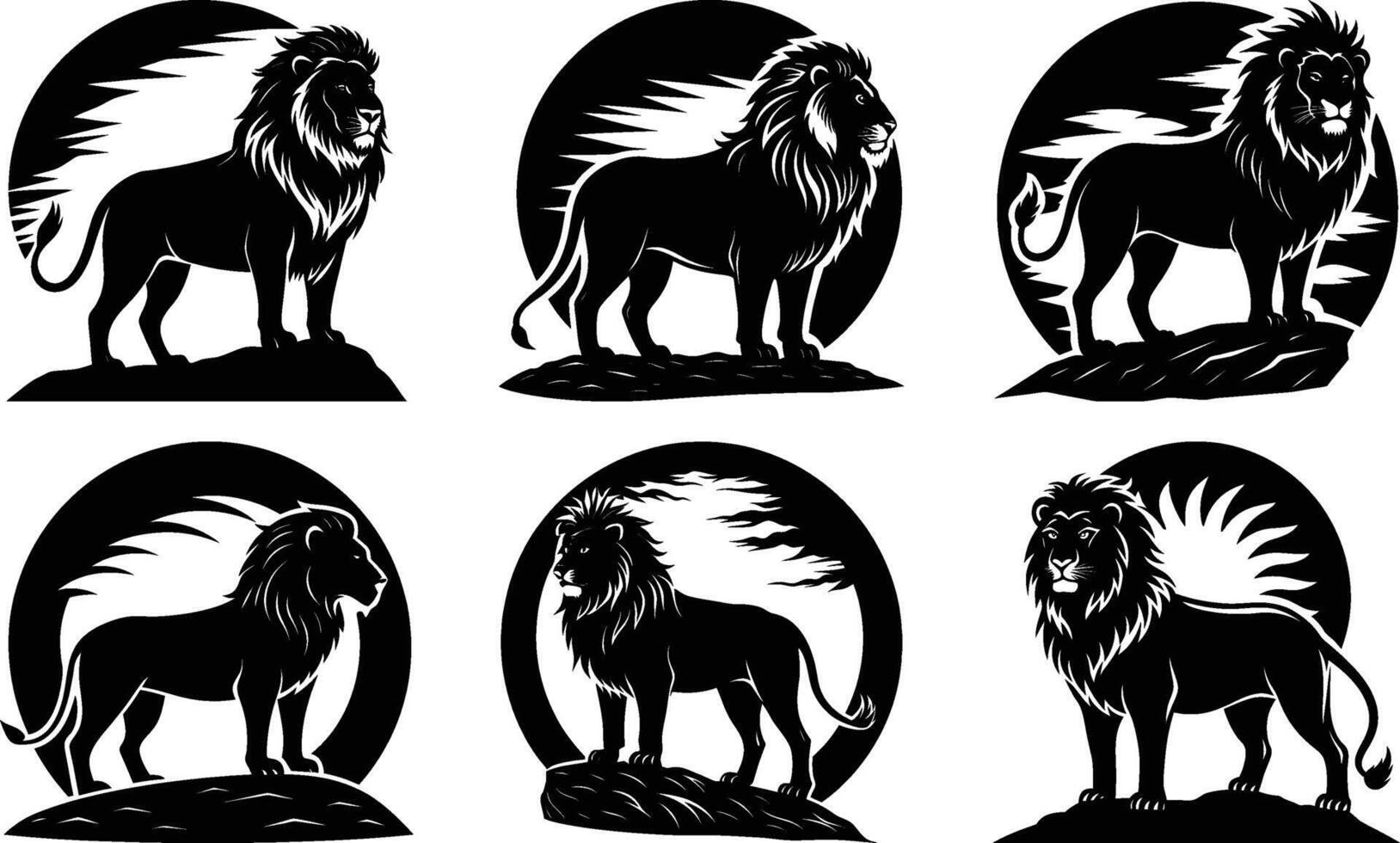 Six Majestic Lions in Black and White Silhouette Art vector