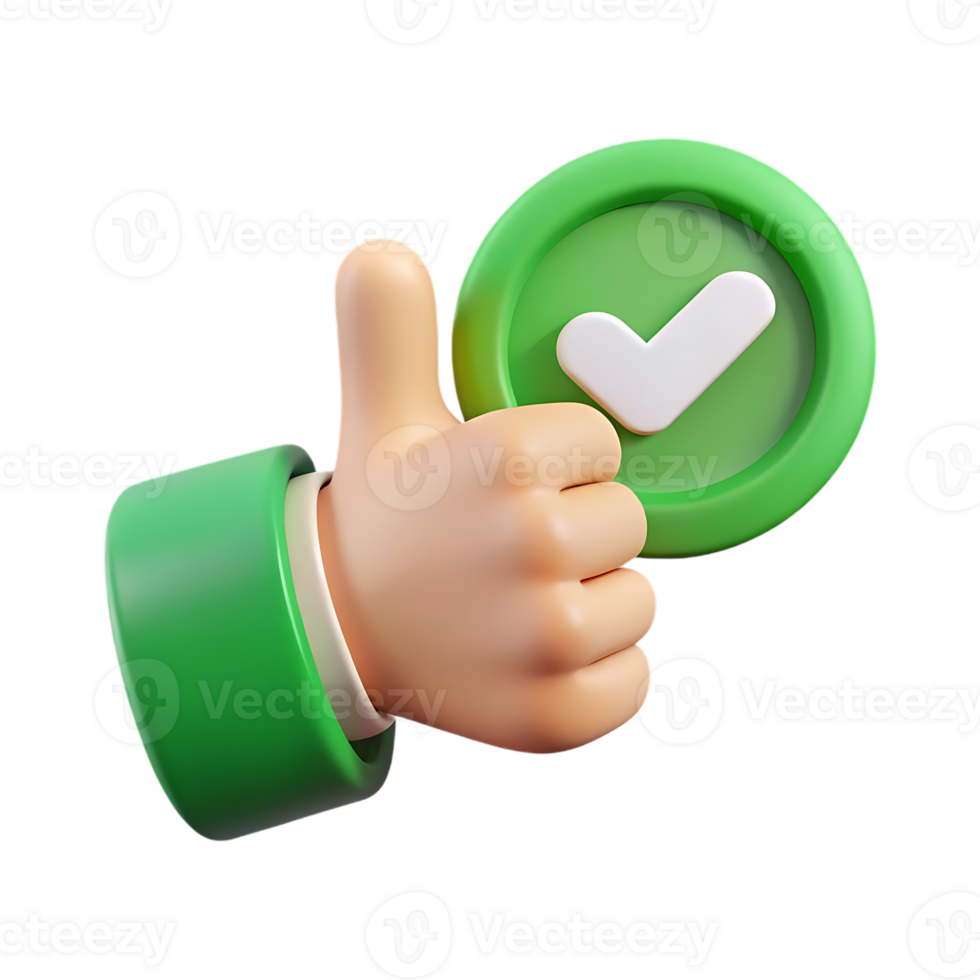 3d cartoon style thumbs up with green checkmark icon isolated on transparent background png