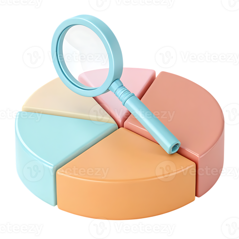 Pie chart with magnifying glass isolated on transparent background png