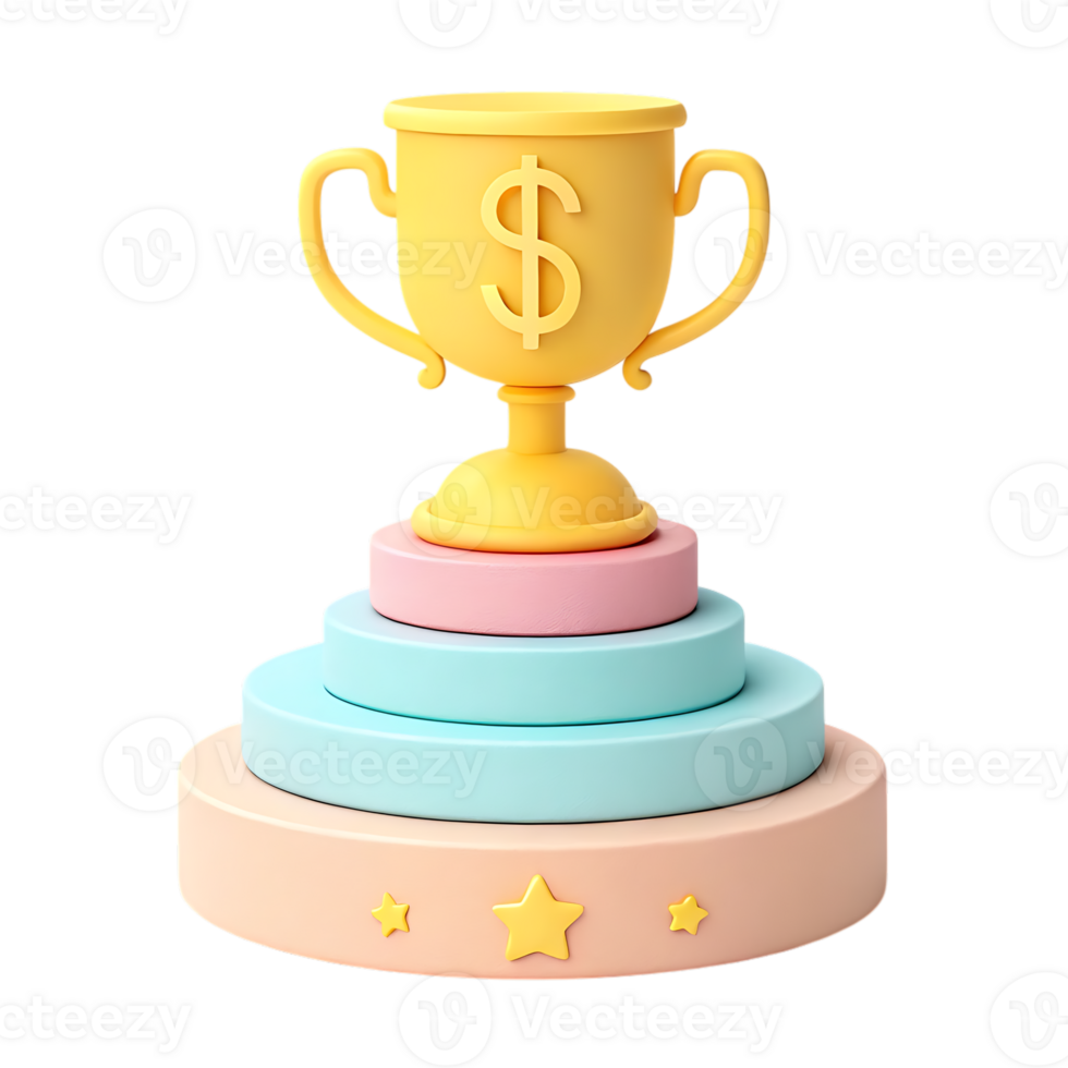 3d render of a gold trophy with dollar sign on pastel stacked platforms isolated on transparent background png