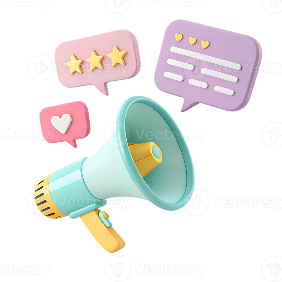 3d cartoon megaphone with reviews and likes isolated on transparent background png