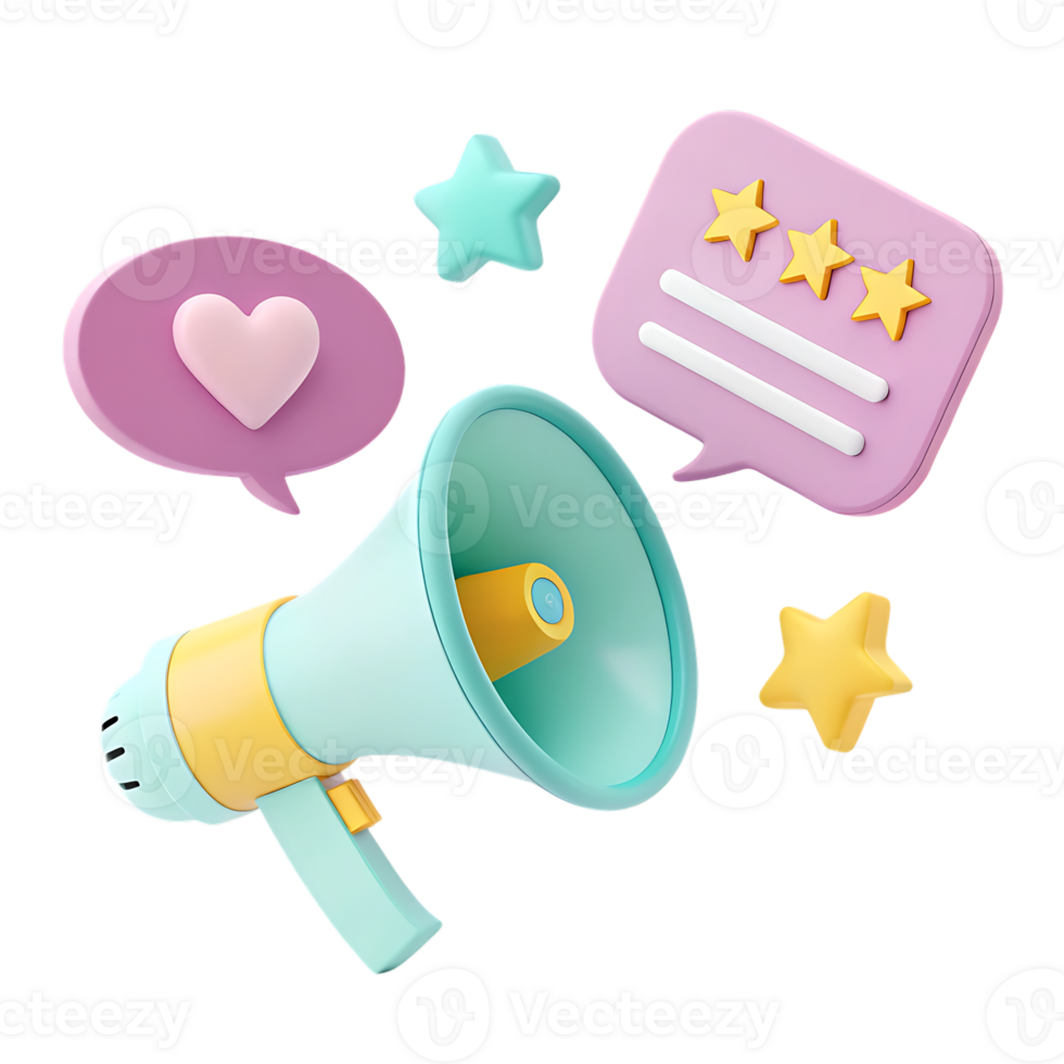 3d cartoon megaphone with reviews stars and hearts isolated on transparent background png