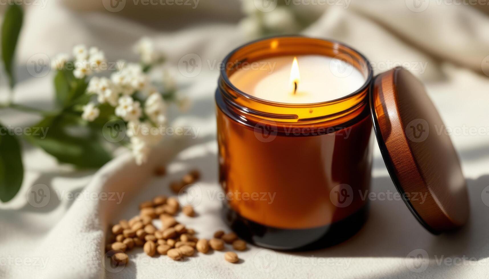 Lit candle in amber jar with wooden lid. Aroma candle with light flame. Cozy home atmosphere with scattered coffee or spice bean. photo