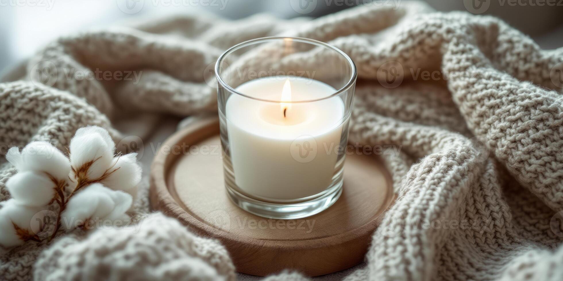Close up of a lit candle on a wooden tray with a knitted blanket and cotton plant. Cozy home decor for relaxation. photo