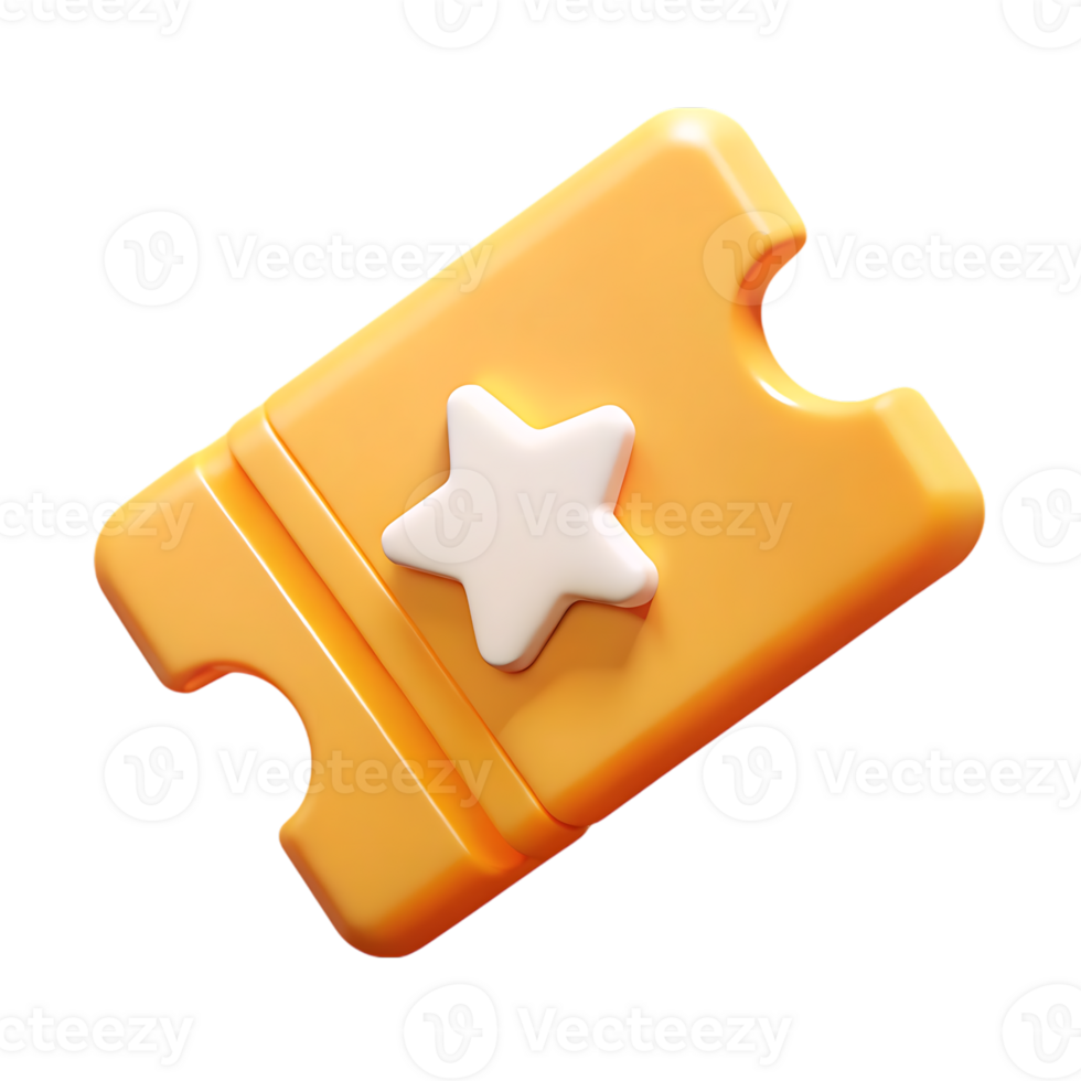 3d render of a yellow ticket with a white star isolated on transparent background png