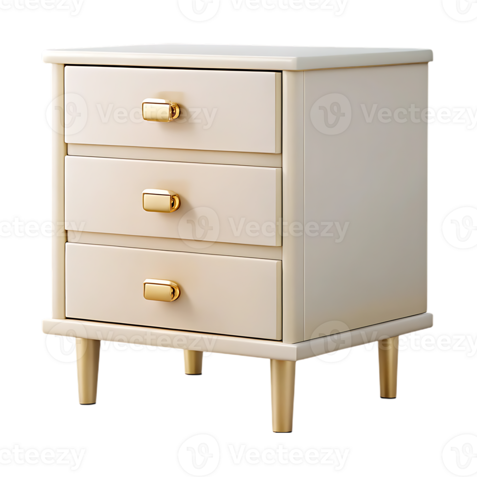 Cream three drawer nightstand with gold handles isolated on transparent background png