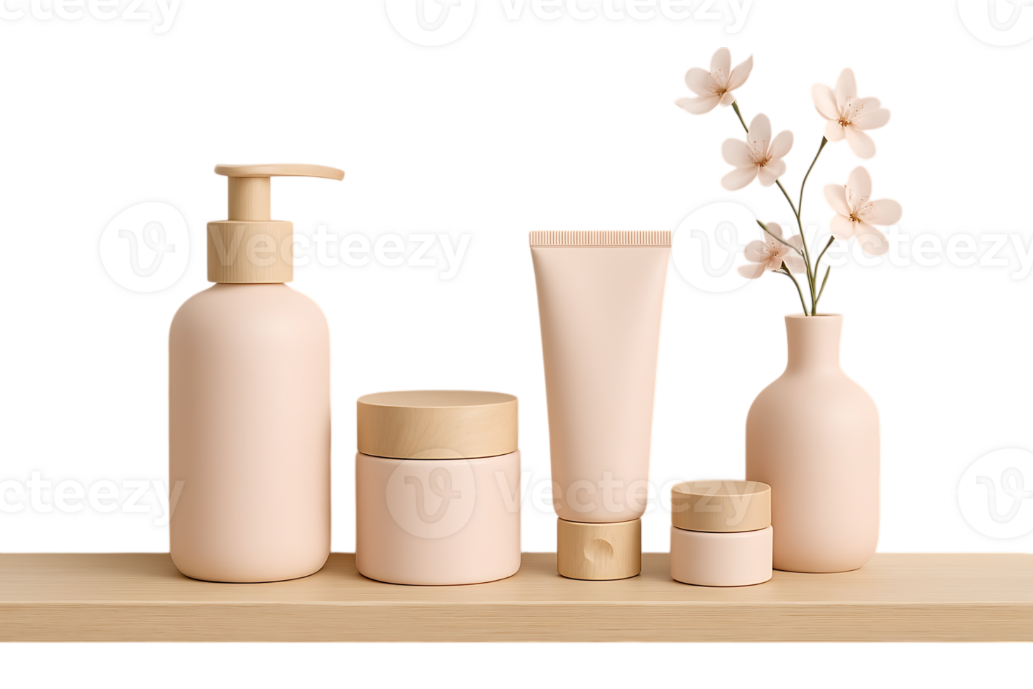 Elegant pink cosmetic products displayed on wooden shelf with flowers png
