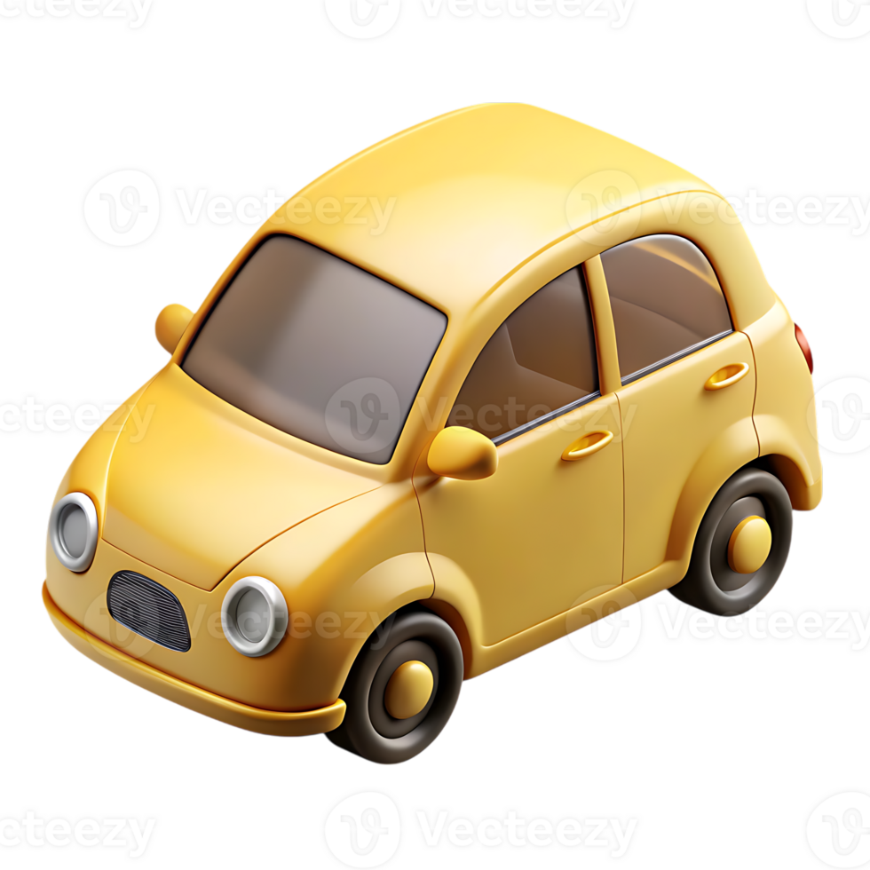 Cute yellow cartoon car 3d render isolated on transparent background png