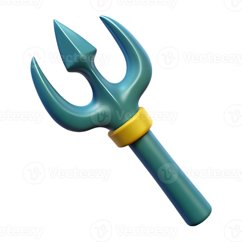 Cartoon style teal trident with yellow ring 3d render png