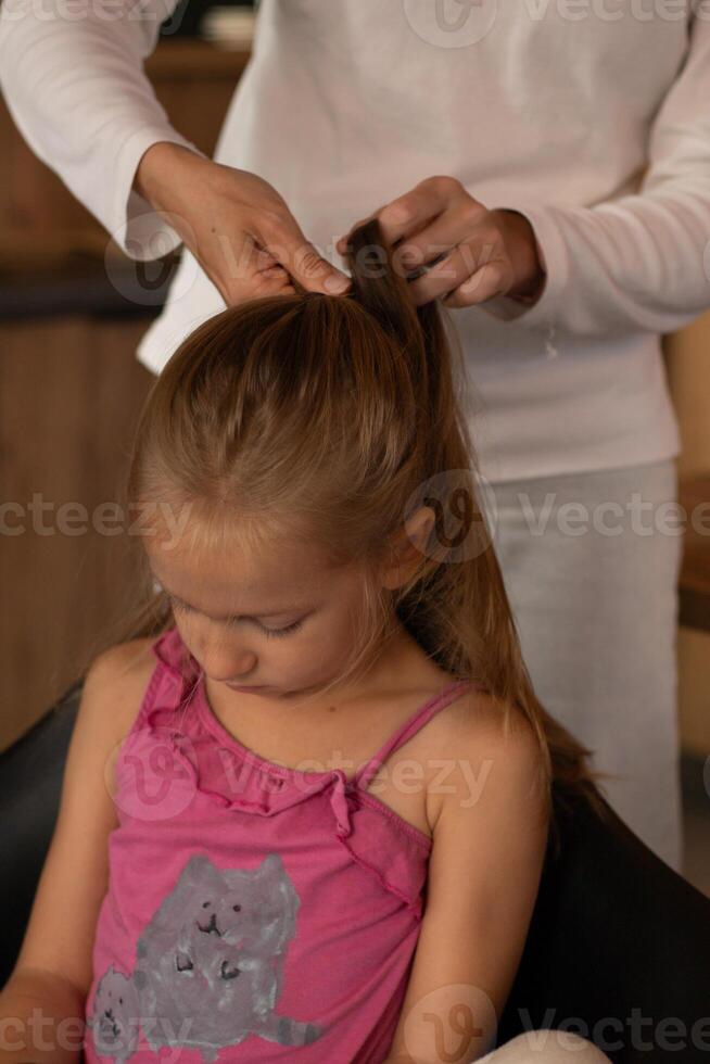 female hands braiding the hair of a six-year-old girl photo