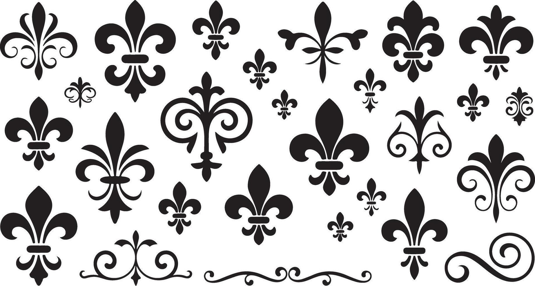 Collection of black fleur de list and floral ornaments vector