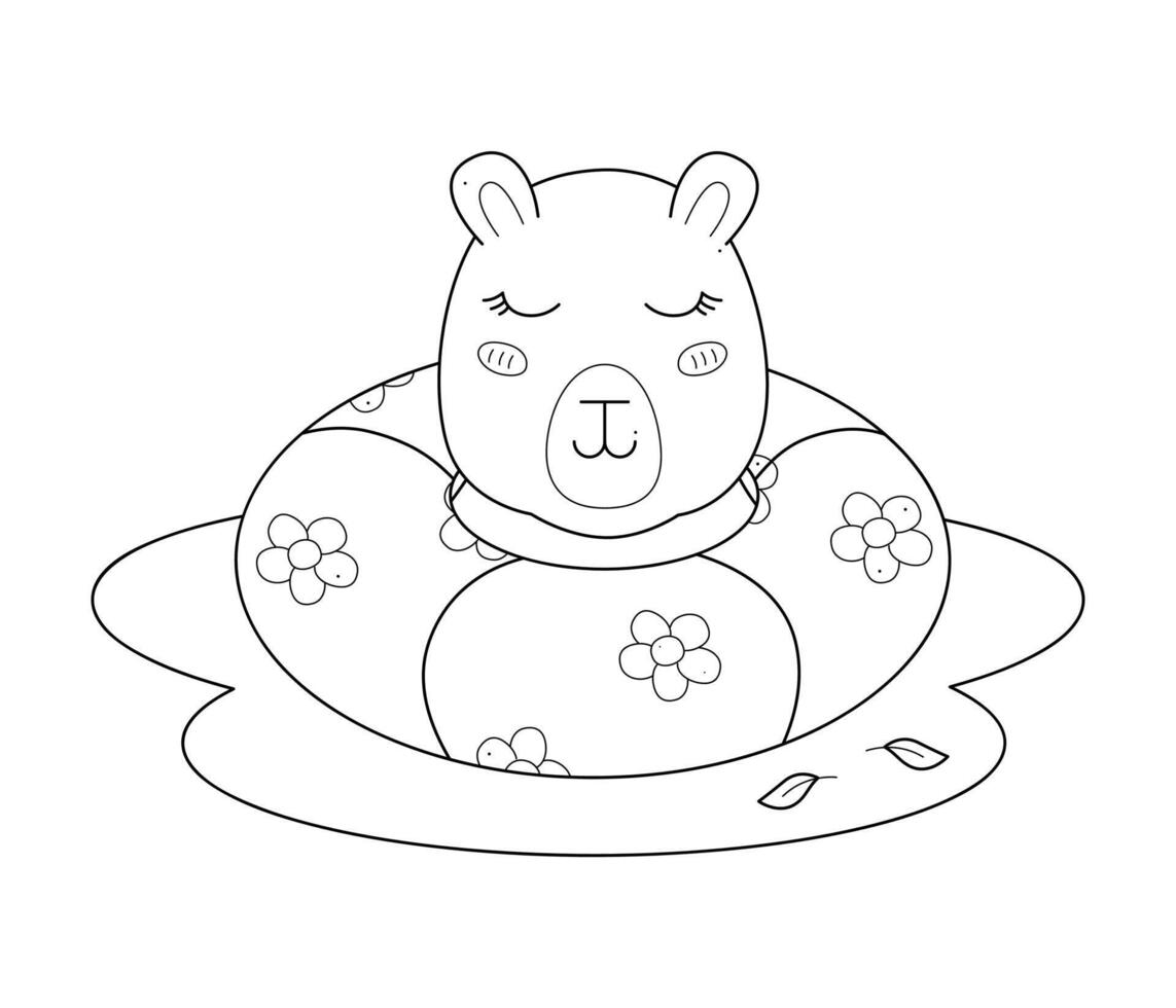 Cute capybara with a swimming ring in the water. Outline clip art for your projects. vector