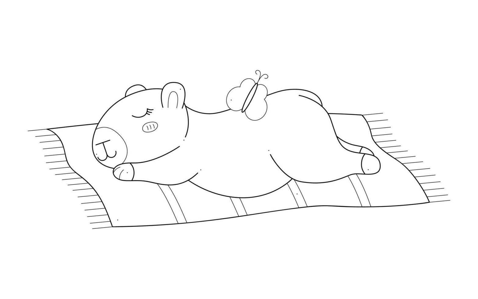 Cute capybara sleeping on a beach towel. Outline clip art for your projects. vector