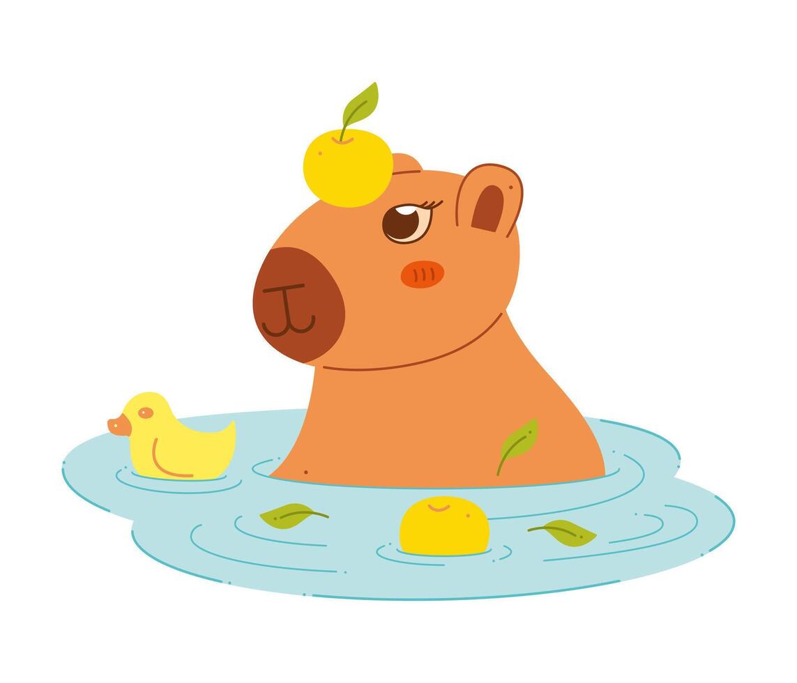 Cute capybara with tangerines and a duck in the water. Color clip art for your projects. vector