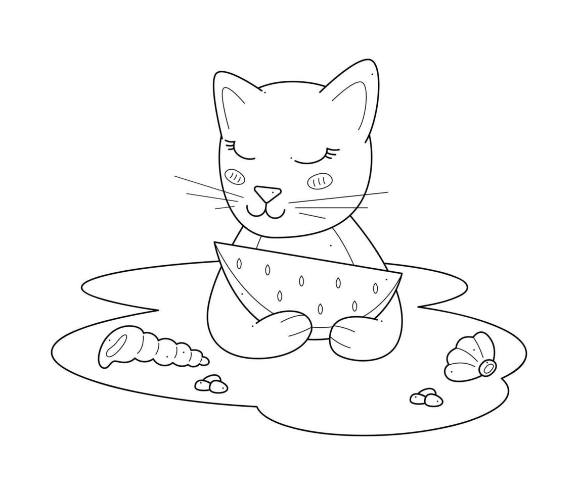Cute cat with a watermelon on the beach. Outline clip art for your projects. vector