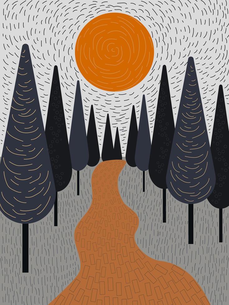 Road to the sun among tall trees in forest or park drawn by hand. vector