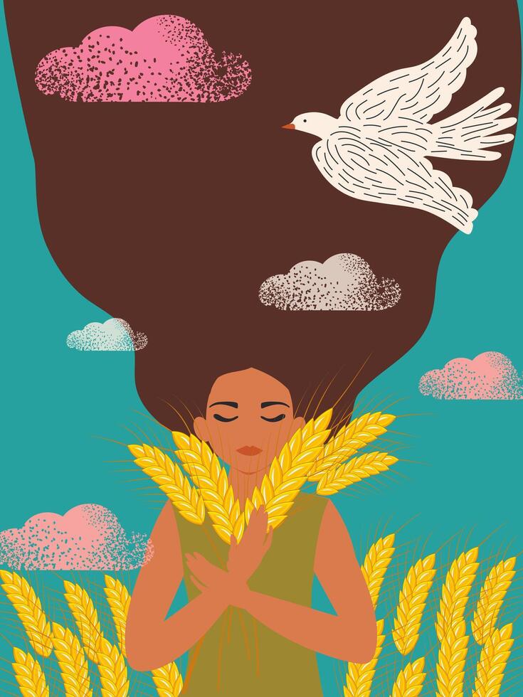 Young woman in a wheat field with long hair meditates and dreams of peace of mind and world peace. vector