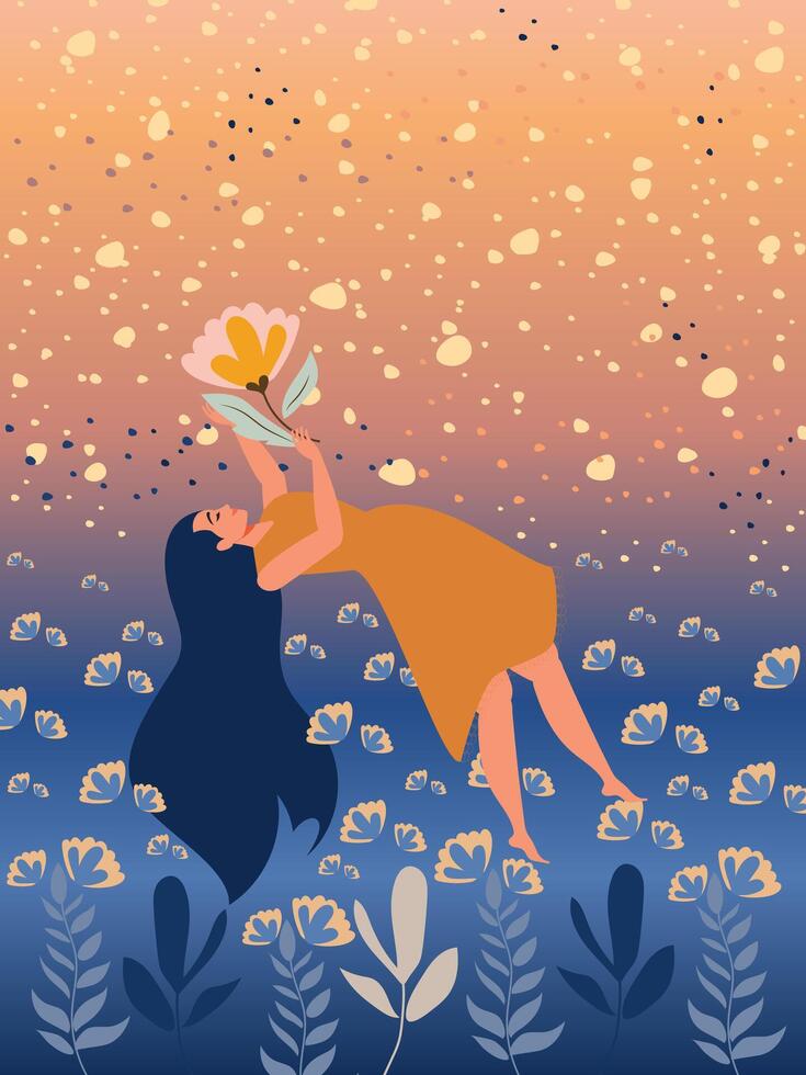 Long-haired young woman floating in the air above blooming fields in a dream. vector