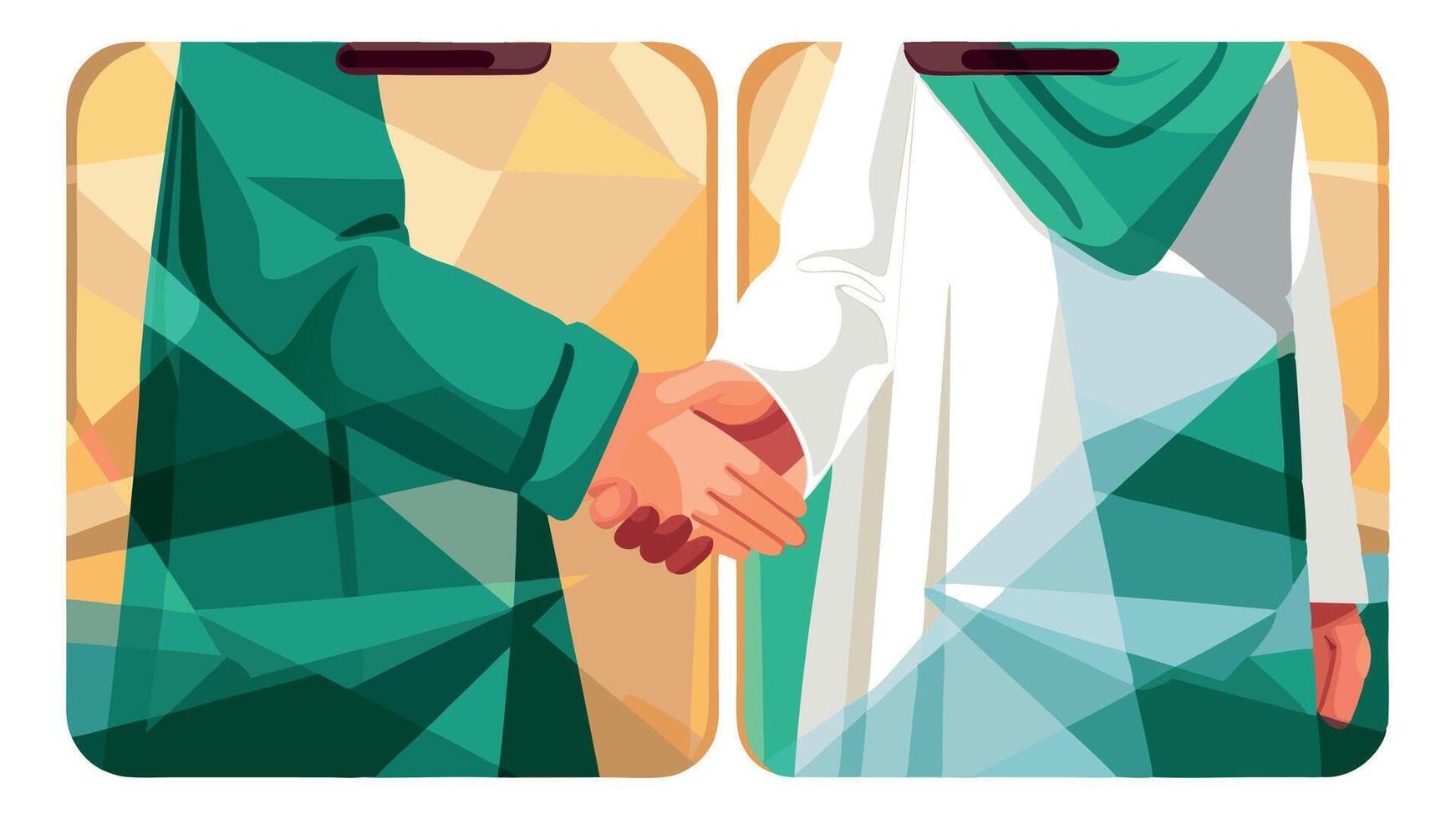 Abstract illustration of two hands shaking, one in a green garment and the other in a white outfit, symbolizing agreement and partnership in a modern geometric style vector