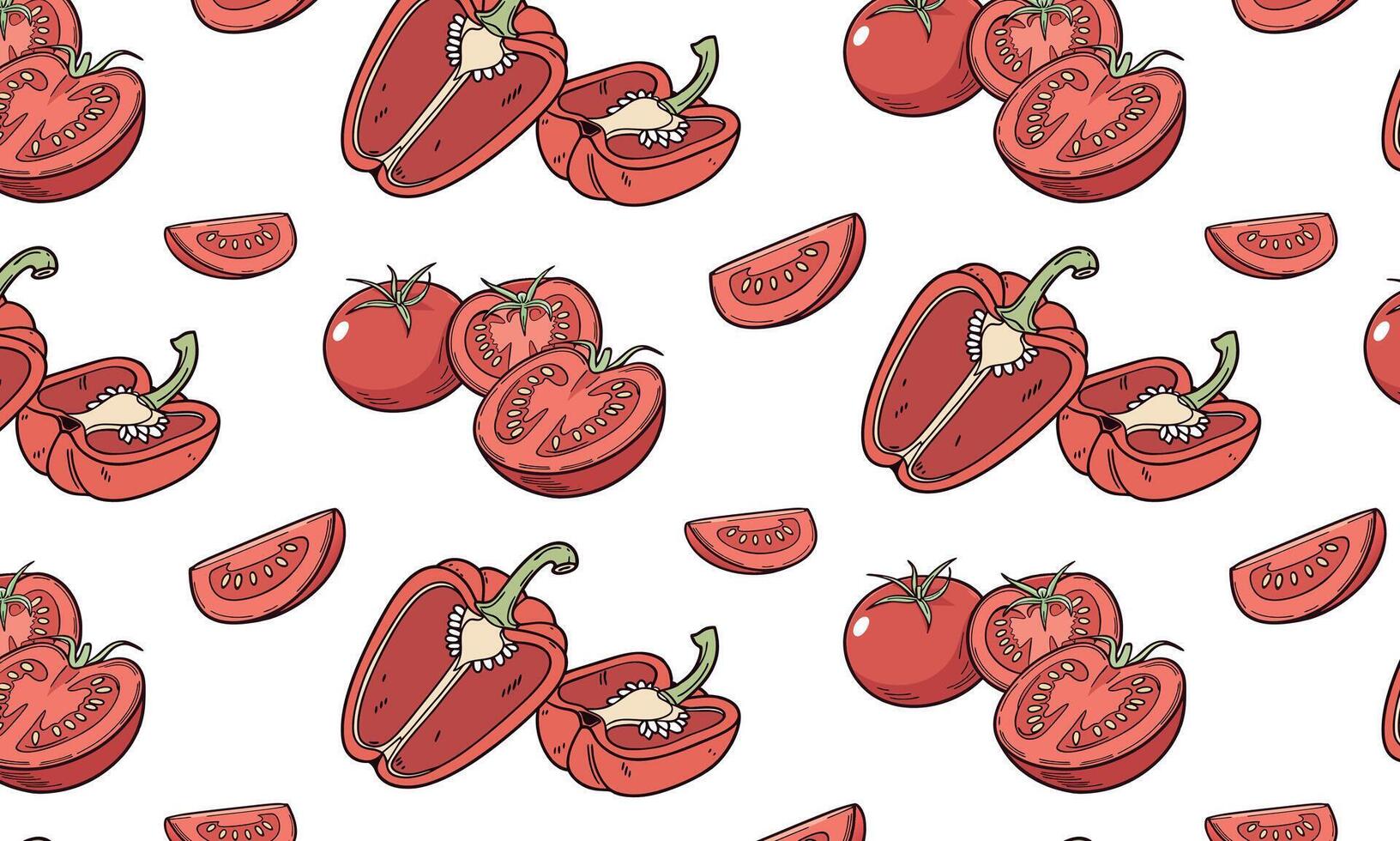 Hand-drawn illustration featuring vibrant red tomatoes and bell peppers arranged in a repetitive pattern, showcasing fresh produce in a playful and artistic manner vector