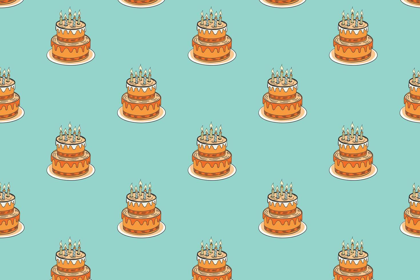 A repeating pattern of orange birthday cakes with candles on a light blue background. Birthday party supplies, fabric and textile design, aprons, kitchen towels, children's clothes, wallpapers vector