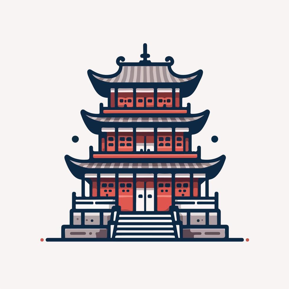 Traditional Asian architectural illustration featuring a multi-tiered pagoda with intricate details, vibrant colors, and a serene atmosphere, showcasing cultural heritage and artistry vector
