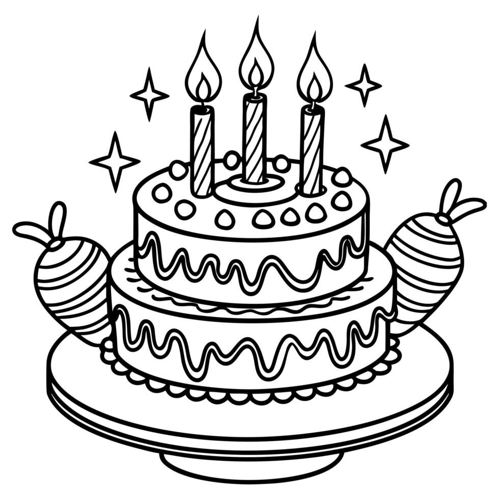 A two-tiered birthday cake with three candles on top. The cake is decorated with icing and surrounded by party decorations. Black and white hand-drawn isolated outline drawing on a white background. vector