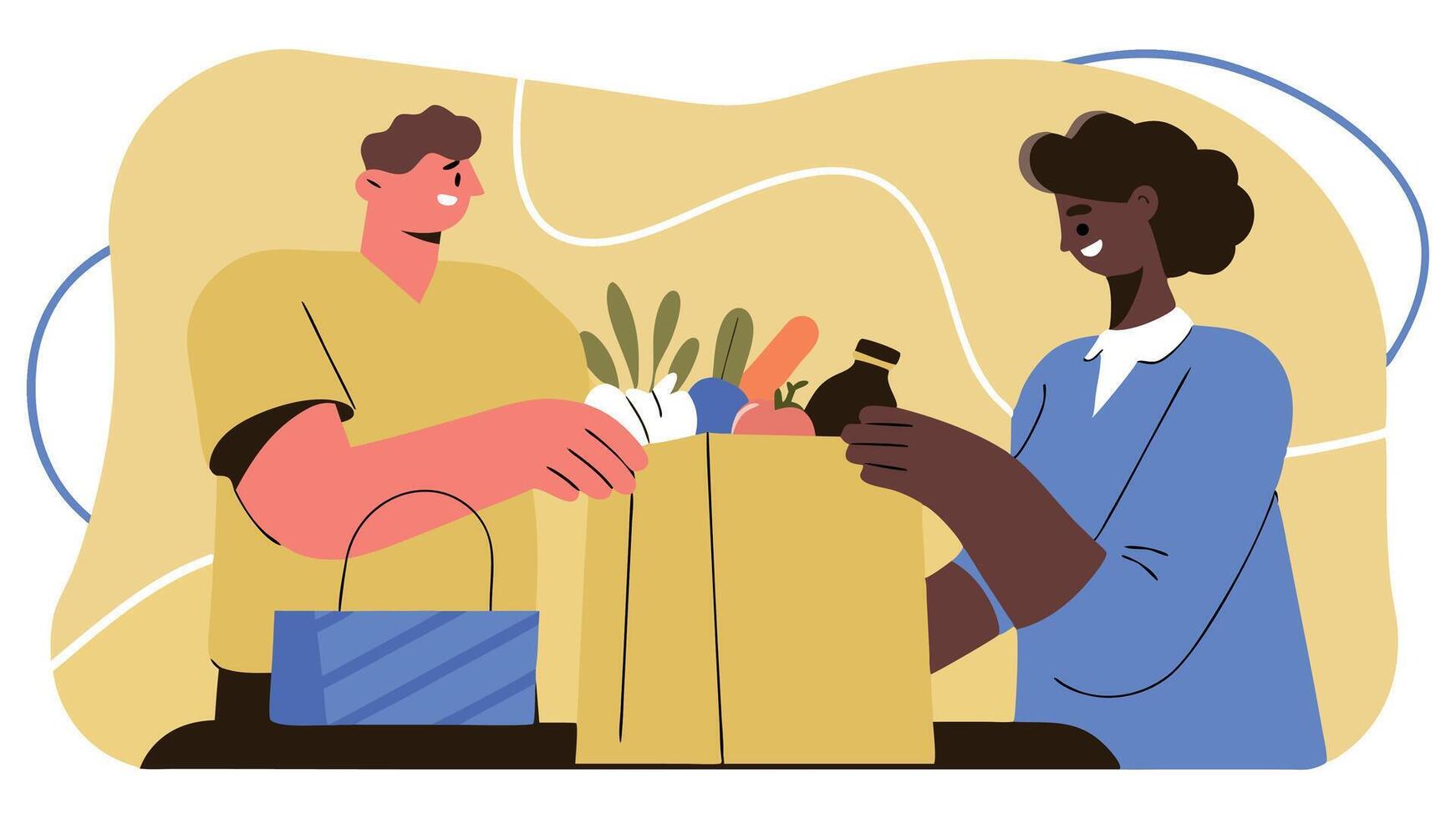 Two individuals engaged in a friendly grocery exchange, showcasing a variety of fresh produce and items in a colorful, modern illustration with a warm, inviting atmosphere vector