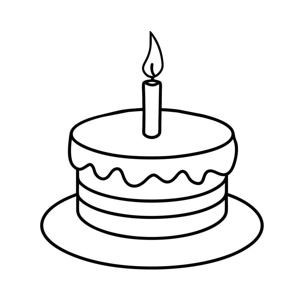 A simple line drawing of a round cake with a single candle on top. The cake is placed on a round plate, classic dessert design. Simple line art design perfect for coloring. Hand Drawn Symbol vector