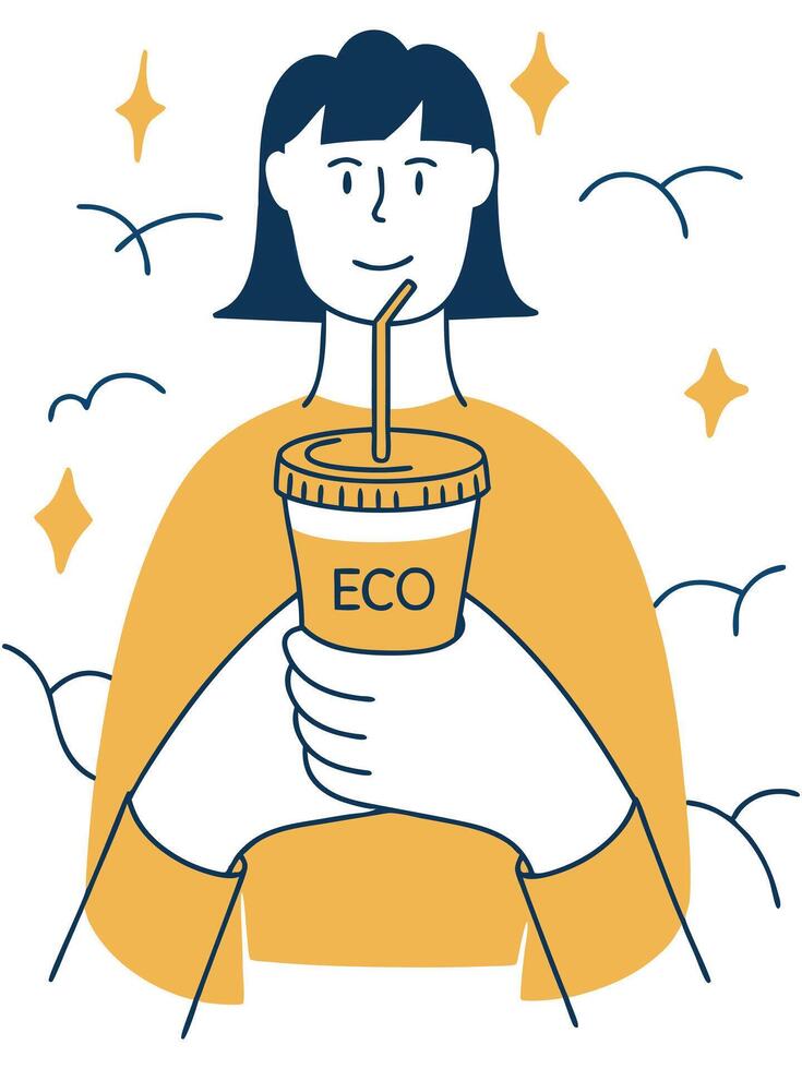 Eco-friendly illustration of a woman holding a reusable cup with a straw, surrounded by clouds and stars, promoting sustainability and environmental consciousness in a vibrant design vector