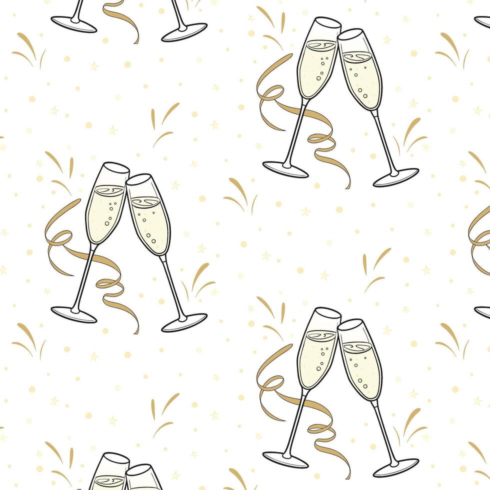 Repetitive pattern from Traditional champagne flutes with ribbon and splashes on white background. Great for wrapping paper, wallpaper, and celebration-themed materials. vector