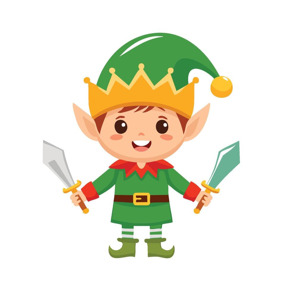 A cartoon elf with two swords and a crown vector
