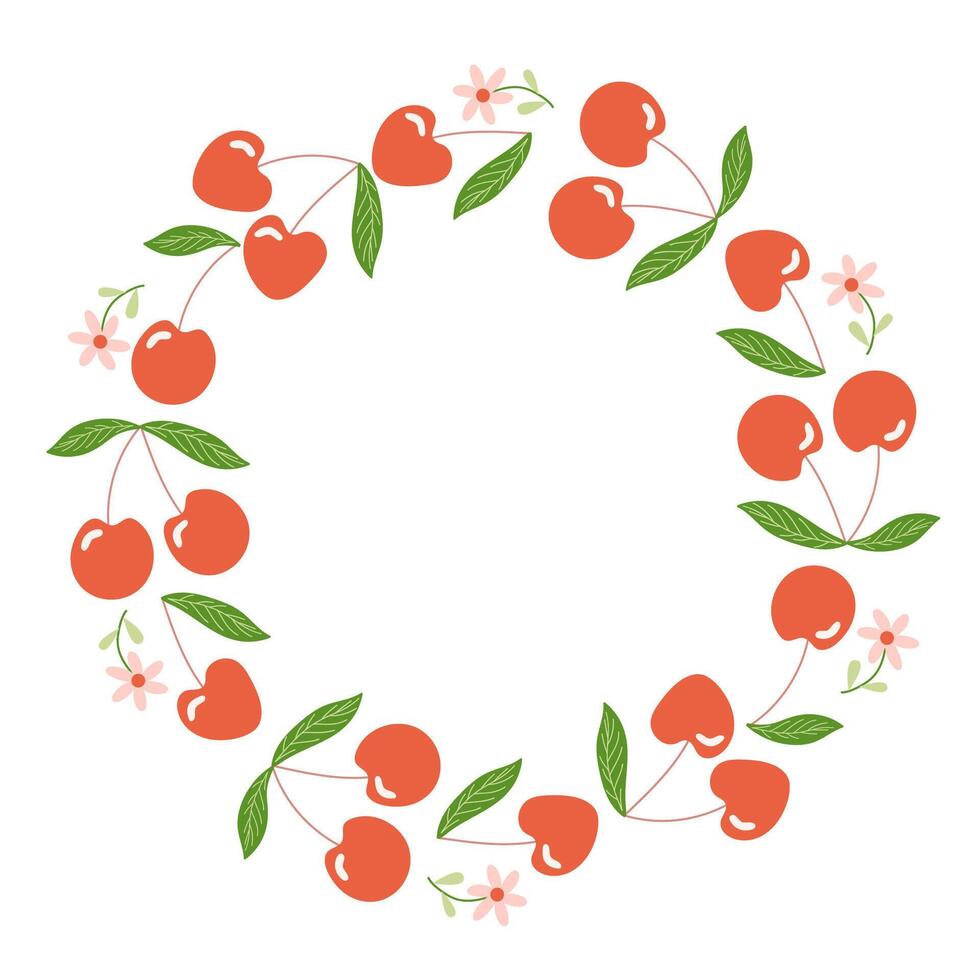 Cherry wreath with small flowers and green leaves arranged in a circular frame. Round border for greeting card or recipe book. vector