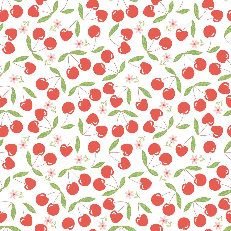 White background with red cherry and green leaf seamless pattern. Sweet fruit berry for food packaging and fabric design. vector