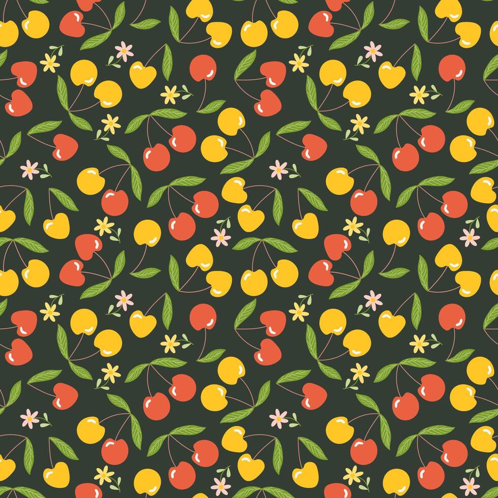 Cherry fruit seamless pattern with red and yellow cherry and green leaves. Berry background for food design vector