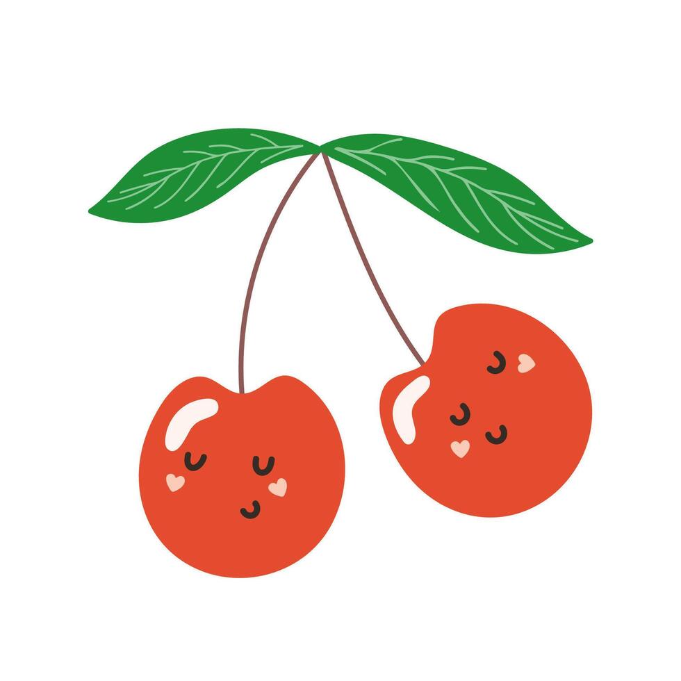 Two kawaii red cherries with cute faces. illustration of happy fruit for kid design, food, healthy lifestyle, summer season. vector