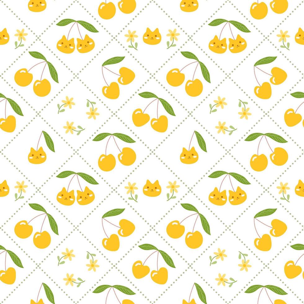 Cartoon yellow cherry with cat face and flower pattern. Seamless summer fruit background for textile, print and wrapping paper. vector