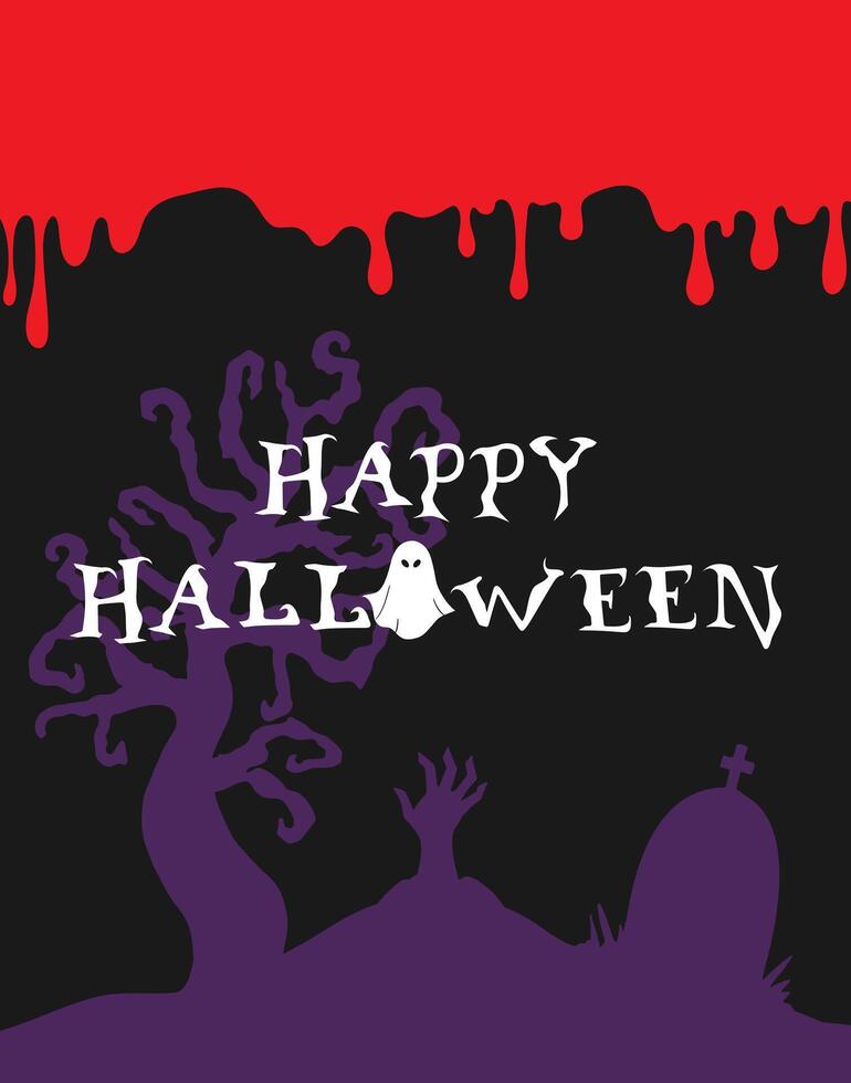 Halloween greeting card with a flowing blood and silhouette of a zombie hand. Living dead rises from the grave vector