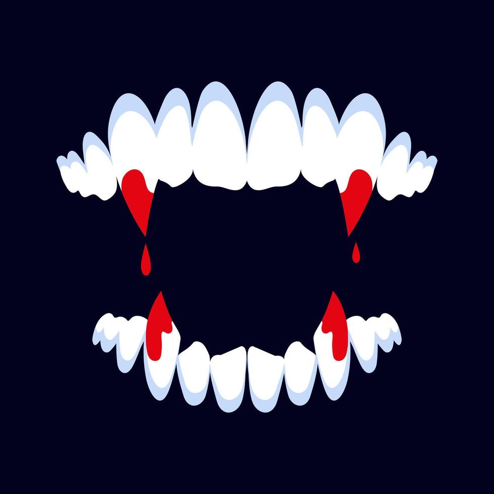 Vampire jaws with bloody fangs on dark background. Teeth with long fangs and flowing blood vector