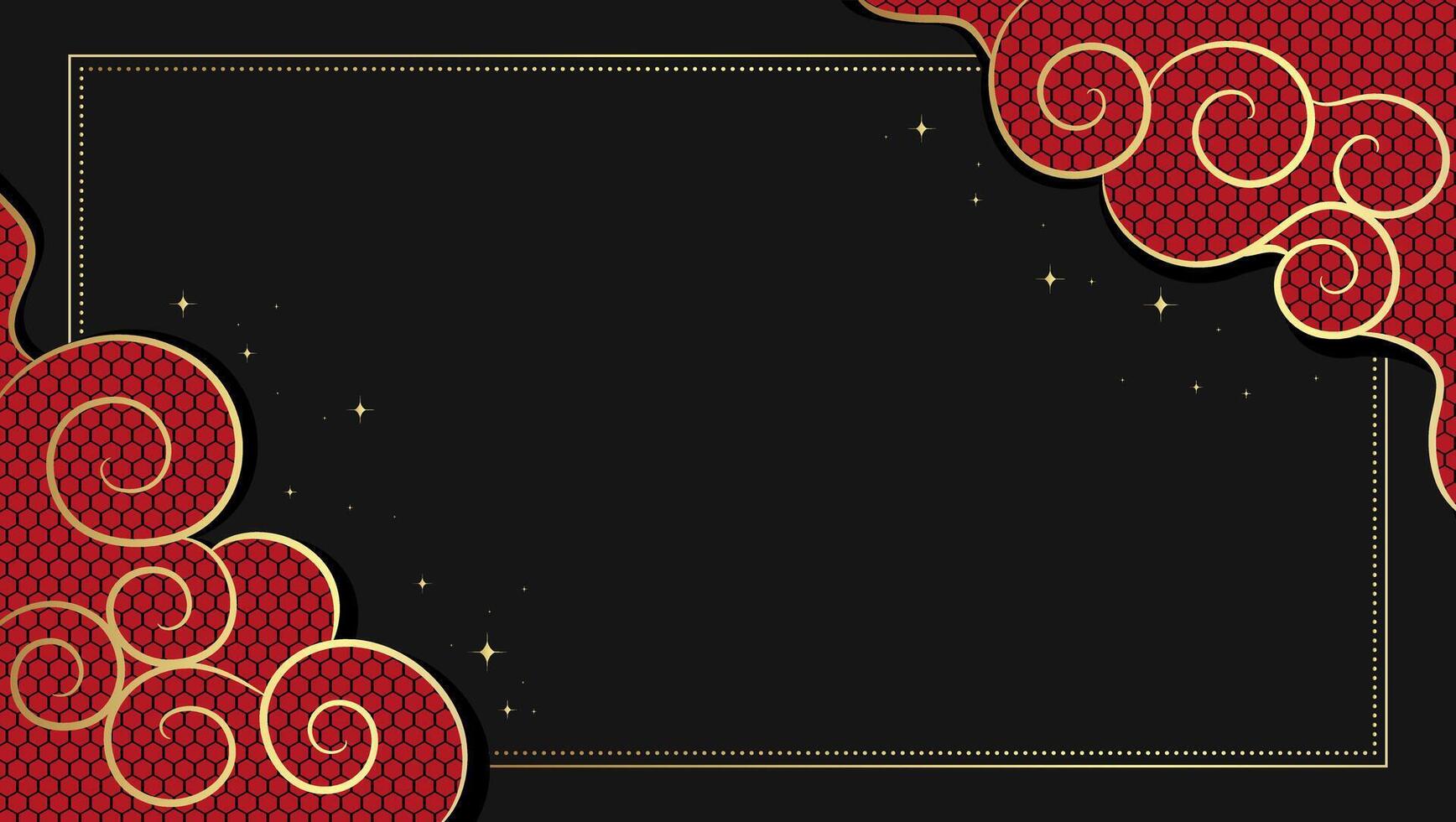 Celestial golden frame with red Asian swirl clouds with geometric ornament. Hand drawn celestial Chinese doodle clouds vector