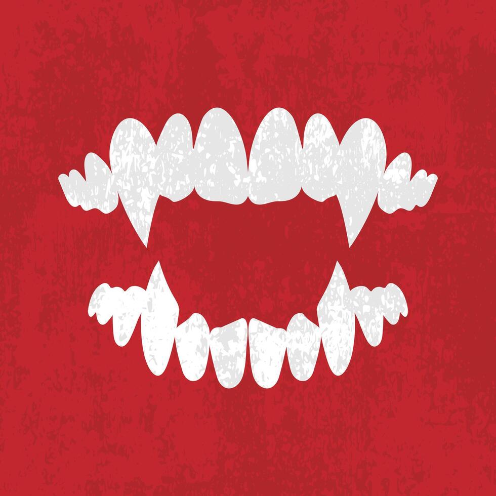 Vampire teeth with long sharp fangs isolated on grunge textured red background vector