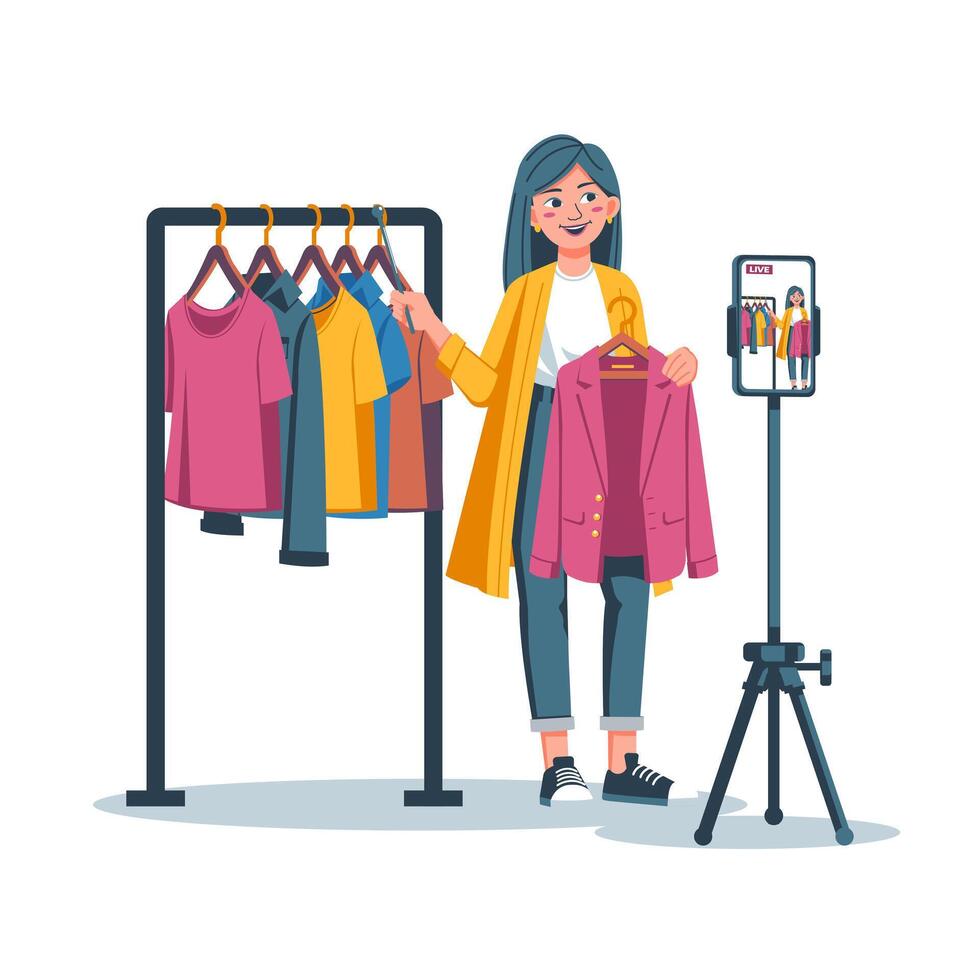 Woman presenting clothes for sale vector