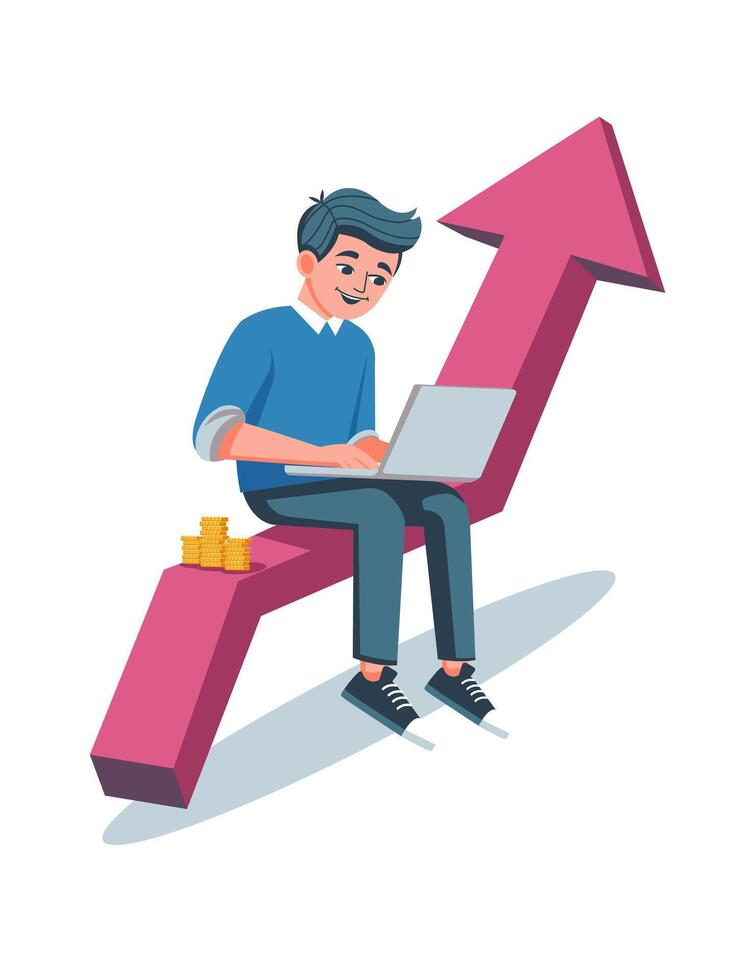 Man using laptop with upward arrow vector