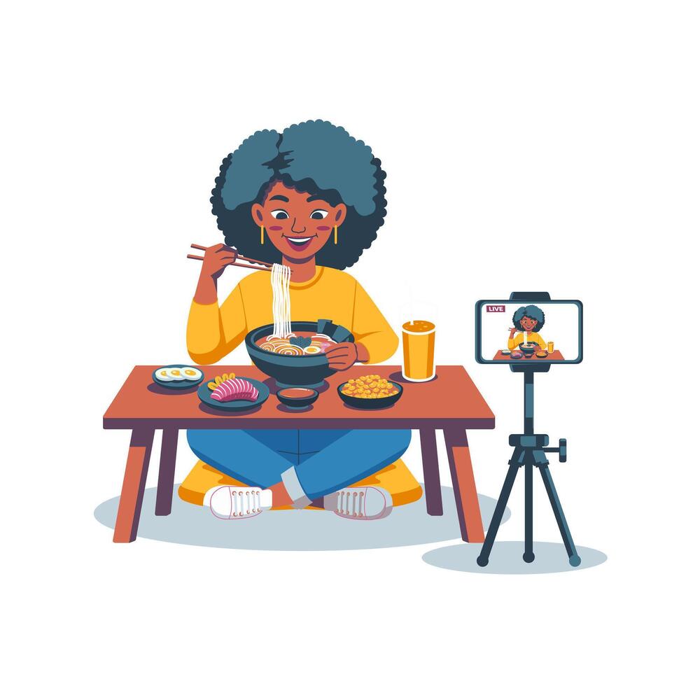 Woman enjoying noodles and sushi vector